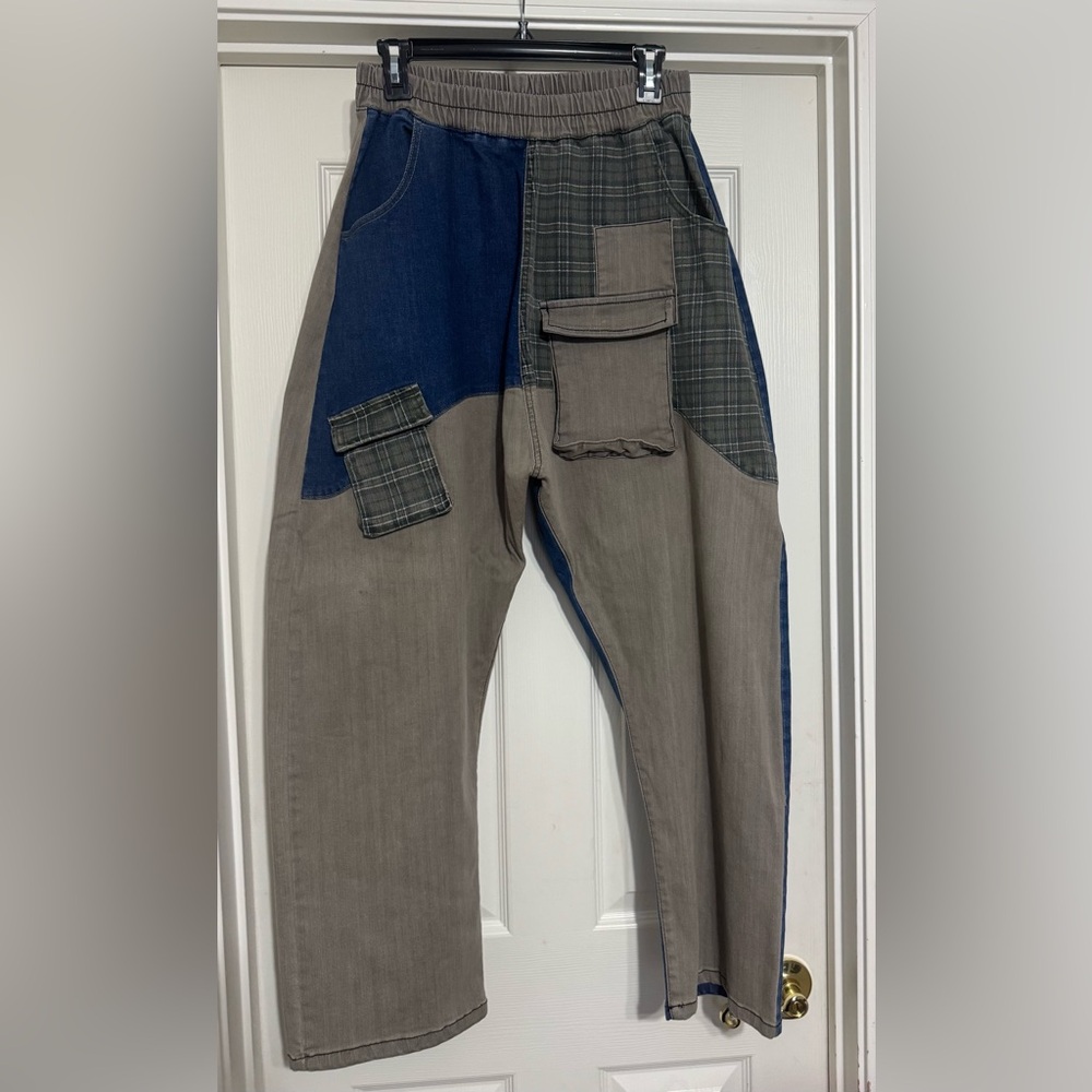 Patchwork Ladies Pants - Blue and Gray with Plaid